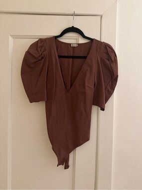 Free people Puff-Sleeve Deep V Bodysuit - Brown